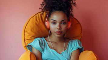 Woman Sitting in Chair With Headphones On photo