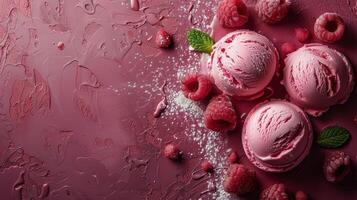 Three Scoops of Ice Cream With Raspberries on Pink Background photo