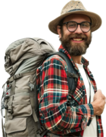 souriant promeneur avec sac à dos et chapeau. png