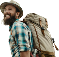 souriant promeneur avec sac à dos et chapeau. png