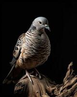 the Spotted Dove standing on small root, portrait view, dark background photo