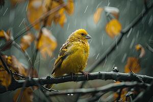 Canary Bird Isolated in rain fall forest background photo