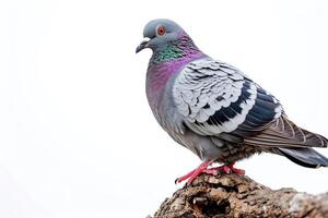 a Pigeon standing on small root, white copy space on right, photo