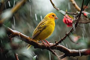 Canary Bird in rainfall forest background photo