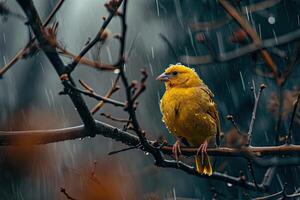 Canary Bird Isolated in rain fall forest background photo