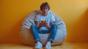 Man Sitting on Bean Bag Chair Using Cell Phone photo