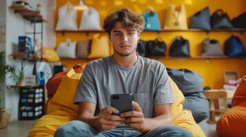 Man Sitting on Bean Bag Chair Using Cell Phone photo