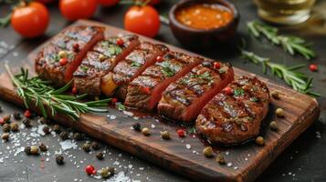 Wooden Cutting Board With Meat and Sauce photo