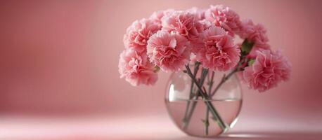 Pink Carnations in a Glass Vase on a Pink Background photo