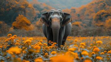 elefante en pie en campo de amarillo flores foto