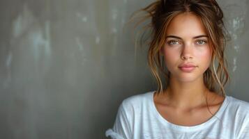 Beautiful Young Woman With Messy Top Knot photo