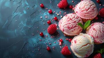 Three Scoops of Ice Cream With Raspberries on Blue Background photo
