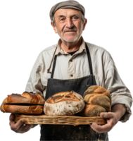 Smiling Baker Holding Freshly Baked Bread. png