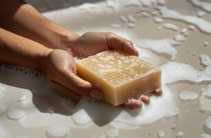 Hand Holding Small Block of Soap photo