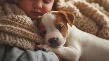 Little Girl Cuddling With Puppy photo