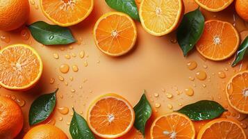 Group of Oranges With Leaves and Water Droplets photo