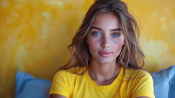 Woman in Yellow Shirt Sitting on Blue Couch photo
