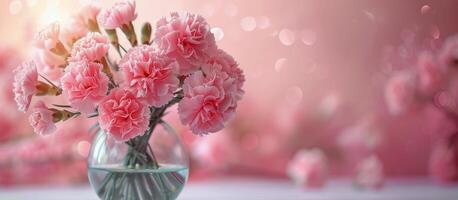 Pink Carnations in a Glass Vase on a Pink Background photo
