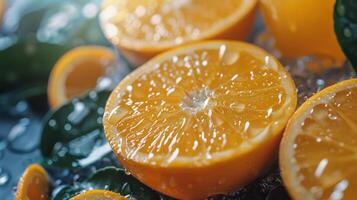 Group of Oranges With Leaves and Water Droplets photo