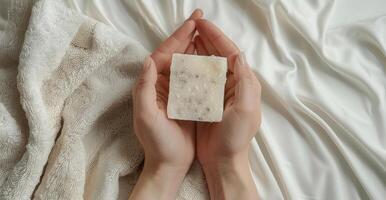 Hand Holding Small Block of Soap photo