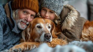 Man and Woman Laying Next to Dog photo