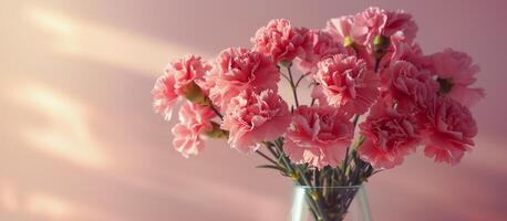 Vase Filled With Pink Carnations on Pink Background photo