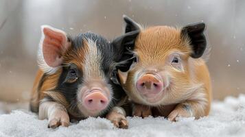 Two Small Pigs Laying on Top of a Pile of Wood photo