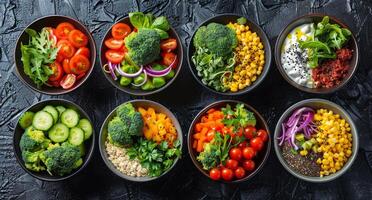 Various Bowls Filled With Fresh Vegetables photo