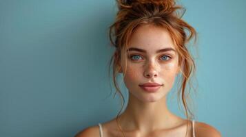 Young Woman With Messy Topknot Looking at Camera photo