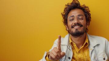 hombre con barba y lentes haciendo paz firmar foto