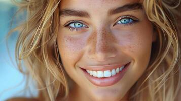 cerca arriba de un mujer con azul ojos foto