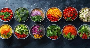 Various Bowls Filled With Fresh Vegetables photo
