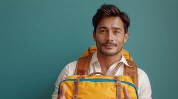 Man Holding Yellow Backpack Giving Thumbs Up photo