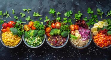 Various Bowls Filled With Fresh Vegetables photo