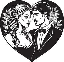 wedding couple with heart silhouette black and white illustration vector