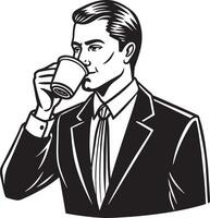 businessman drinking coffee illustration black and white vector