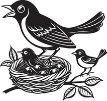 birds on a branch in nest illustration black and white vector