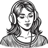 mujer con auriculares ilustración negro y blanco vector