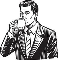 businessman with drinking coffee illustration black and white vector