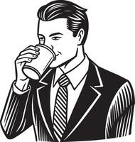 businessman with drinking coffee illustration black and white vector