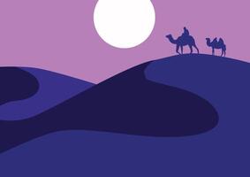 Panoramic view of the desert and camels. Illustrated in flat style. vector
