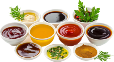 Assorted Sauces and Dips in White Bowls png