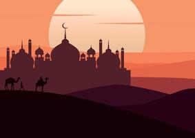 Panoramic view of a mosque in the desert. Illustrated in flat style, vector