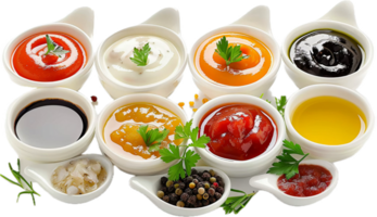 Assorted Sauces and Dips in White Bowls png