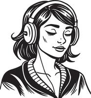 mujer vistiendo auriculares ilustración negro y blanco vector