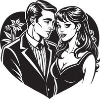 wedding couple with heart silhouette black and white illustration vector