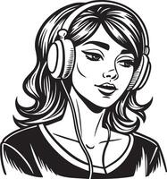 mujer con auriculares ilustración negro y blanco vector