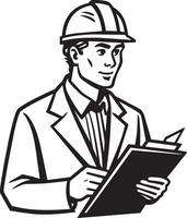 architect with blueprint illustration black and white vector