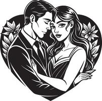 wedding couple with heart silhouette black and white illustration vector