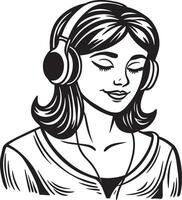 mujer vistiendo auriculares ilustración negro y blanco vector